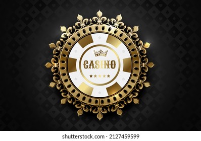 Vector gold white casino poker chip with golden crown wreath frame. Black silk geometric card suits background. Blackjack or online casino web banner, logo or icon. VIP luxury gamble design