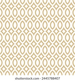 Vector gold and white  geometric seamless pattern in oriental arabesque style. Simple abstract background with curved shapes, lines, lattice. Elegant ornamental texture. Repeated luxury geo design