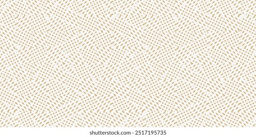 Patrón sin costuras geométrico de oro y blanco Vector con Formas Pequeñas, rayas, rombos, cuadrados, líneas de cruce, puntos. Geometría abstracta moderna. Textura de fondo mínima dorada. Diseño geo repetido