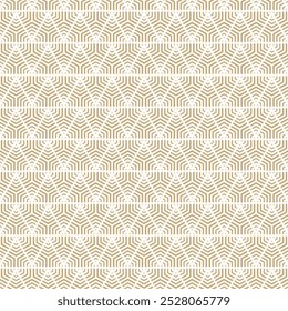 Padrão contínuo geométrico de ouro e branco vetorial com linhas de meio-tom, triângulos, setas, grade, reticulado. Fundo abstrato dourado. Ornamento texturizado mínimo simples. Projeto geográfico decorativo repetido