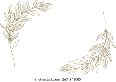 Vector gold and white line floral background, luxury leaves plant pattern. Art foliage, blossom texture ornament, vintage tropical banner.