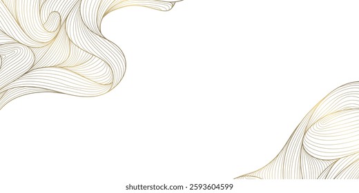 Vector gold and white line wave art, japanese golden clouds, luxury sea ornament at corners. Water oriental banner, river fluid abstract template, wallpaper