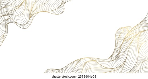 Vector gold and white line wave art, japanese golden clouds, luxury sea ornament at corners. Water oriental banner, river fluid abstract template, wallpaper