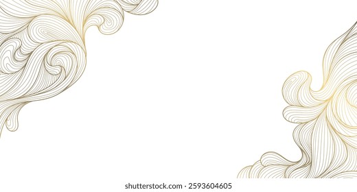 Vector gold and white line wave art, japanese golden clouds, luxury sea ornament at corners. Water oriental banner, river fluid abstract template, wallpaper