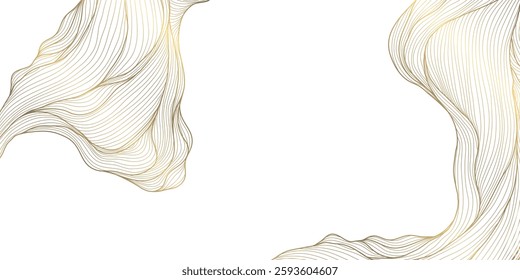 Vector gold and white line wave art, japanese golden clouds, luxury sea ornament at corners. Water oriental banner, river fluid abstract template, wallpaper
