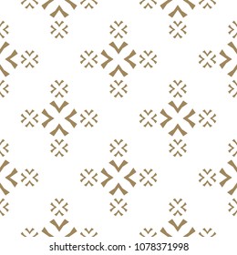 Vector gold and white texture. Abstract minimalist seamless pattern with crosses, snowflakes, floral shapes. Luxury geometric background. Traditional folk motif. Elegant repeat design for decoration