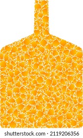 Vector gold wide bottle mosaic icon. Wide bottle is isolated on a white background. Gold particles mosaic based on wide bottle icon. Mosaic wide bottle iconic image is made from yellow items.