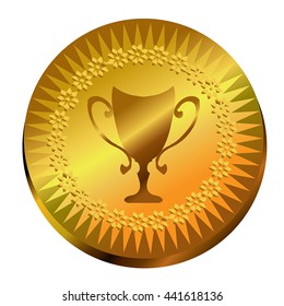 Vector gold winner cup on circle gold medal - trophy concept vector illustration. Sunburst golden shape and flower wreath around vase. Shiny golden medallion as win symbol, premium quality label.