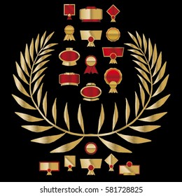 Vector gold winner symbol olive tree branches and collection of  golden badges isolated on black background