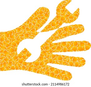 Vektorgold-Schlüssel Service Hand Mosaik Symbol. Die Hand mit dem Schlüssel ist einzeln auf weißem Hintergrund. Gold-Artikelmuster basierend auf dem Französisch Service Hand Symbol.