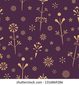 Vector Gold Yellow Folklore Florals on purple seamless pattern background. Perfect for fabric, scrapbooking and wallpaper projects.