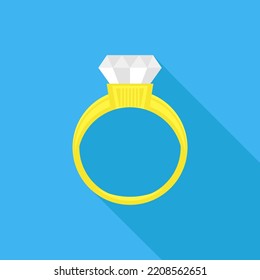 Vector Gold Yellow Ring with Diamond Isolated on Blue Background.