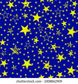 Vector Gold Yellow Star Seamless Pattern on Blue Background
