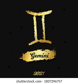 Vector gold zodiac sign. Gemini hand drawn by paint brush. Horoscope  logo for 2021 on black background. Birthday illustration 