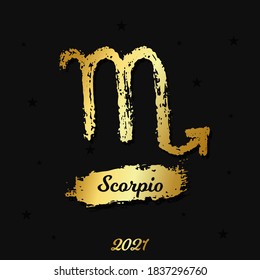 Vector gold zodiac sign. Scorpio hand drawn by paint brush. Horoscope  logo for 2021 on black background. Birthday illustration 