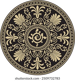 Vector gold-black colored round ornament of ancient Greece. Classic circle pattern of the Roman Empire