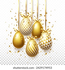 Vector golden 3D Easter eggs with bows, confetti and serpentine isolated on a transparent background. Easter holiday elements for banner, card, invitation.