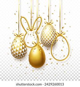 Vector golden 3D Easter eggs with bows, confetti and serpentine isolated on a transparent background. Easter holiday elements for banner, card, invitation, poster.