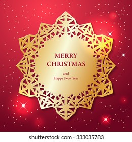Vector golden 3d frame with ornamental cutout lace border. Abstract paper cut lacy Christmas Star on red background. Vector illustration EPS10