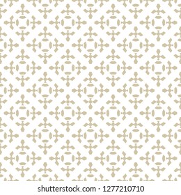 Vector golden abstract geometric floral texture in Asian style. Seamless pattern with small flower silhouettes, carved shapes, crosses. Elegant white and gold ornamental background. Repeatable design