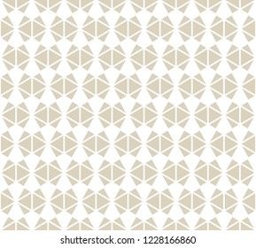 Vector golden abstract geometric seamless pattern. Simple white and gold ornament texture with triangles, diamond shapes, net, grid. Stylish modern geometry background. Luxury repeat design for decor