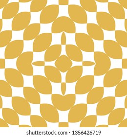 Vector golden abstract geometric seamless pattern. Simple texture with curved shapes, leaves, mesh, grid. Yellow and white background. Elegant repeat design for wallpaper, textile, package, home decor