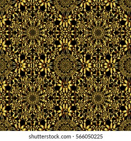 Vector Golden Abstract Kaleidoscope Triangles Grunge Foil Texture Seamless Pattern Background. Great for elegant gold fabric, cards, wedding invitations, wallpaper, floor, kitchen tile.