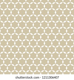 Vector golden abstract seamless pattern. Subtle white and gold background. Simple geometric ornament. Delicate graphic texture with small stars, diamond shapes, rhombuses, grid, net. Repeating design