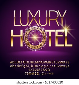 Vector Golden Alphabet with Chic Decorative Emblem. Luxury Hotel logo. Set of exclusive Letters, Numbers and Symbols