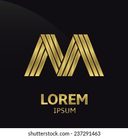 Vector golden alphabet. Letter M, symbol for your company