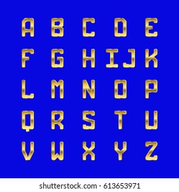 Vector golden alphabet. Golden letters. Illustration on a blue background.