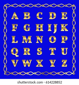 Vector golden alphabet. Golden letters. Illustration on a blue background.