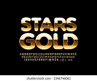 Vector Golden Alphabet Letters, Numbers and Symbols with Sparkling Stars. Elite glossy Font