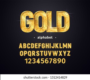 Vector golden alphabet. Set of gold letters and numbers isolated design elements. Collection of shiny luxury font