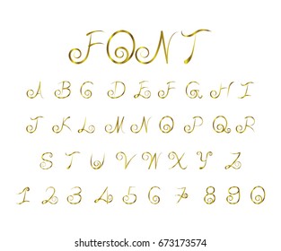 Vector golden alphabet. Unique brushed gold font 
on white background