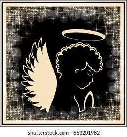 Vector golden angel silhouette in the golden frame with stars glitter. Religious symbol.
