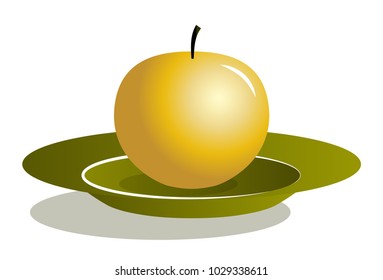 vector golden apple on plate isolated on white background