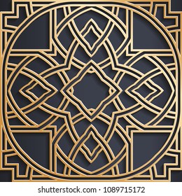 Vector golden Arabic ornament on a dark background. Used to design invitations, cards, banners, and others.