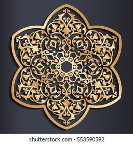 Vector golden Arabic ornament on a dark background. Used to design invitations, cards, banners, and others.