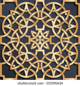 Vector golden Arabic ornament on a dark background. Used to design invitations, cards, banners, and others.