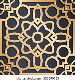 Vector golden Arabic ornament on a dark background. Used to design invitations, cards, banners, and others.