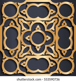 Vector golden Arabic ornament on a dark background. Used to design invitations, cards, banners, and others.