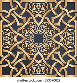 Vector golden Arabic ornament on a dark background. Used to design invitations, cards, banners, and others.