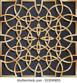 Vector golden Arabic ornament on a dark background. Used to design invitations, cards, banners, and others.
