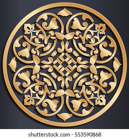 Vector golden Arabic ornament on a dark background. Used to design invitations, cards, banners, and others.