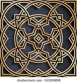Vector golden Arabic ornament on a dark background. Used to design invitations, cards, banners, and others.