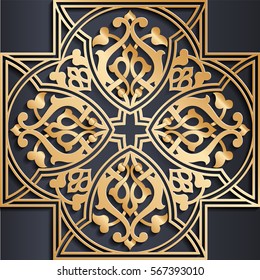 Vector golden Arabic ornament on a dark background. Used to design invitations, cards, banners, and others.