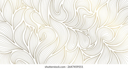 Vetor de arte dourada deco linha deixa padrão. Arte floral abstrata, fundo de luxo da selva moderna, ornamento da natureza, gráfico folhagem vintage, design premium japonês.