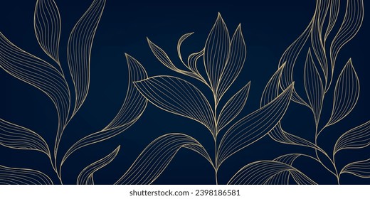 Vector golden art deco pattern with leaves. Elegant line illustration, japanese style nature ornament. Use for package, wall art, decor, beauty product design