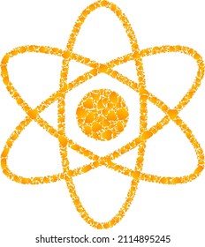 Vector golden atom mosaic icon. Atom is isolated on a white background. Golden items mosaic based on atom icon. Mosaic atom iconic image is organized from yellow parts.